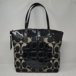 Women's Coach C Signature Black/Grey Jacquard w/Patent Leather Trim Tote Handbag